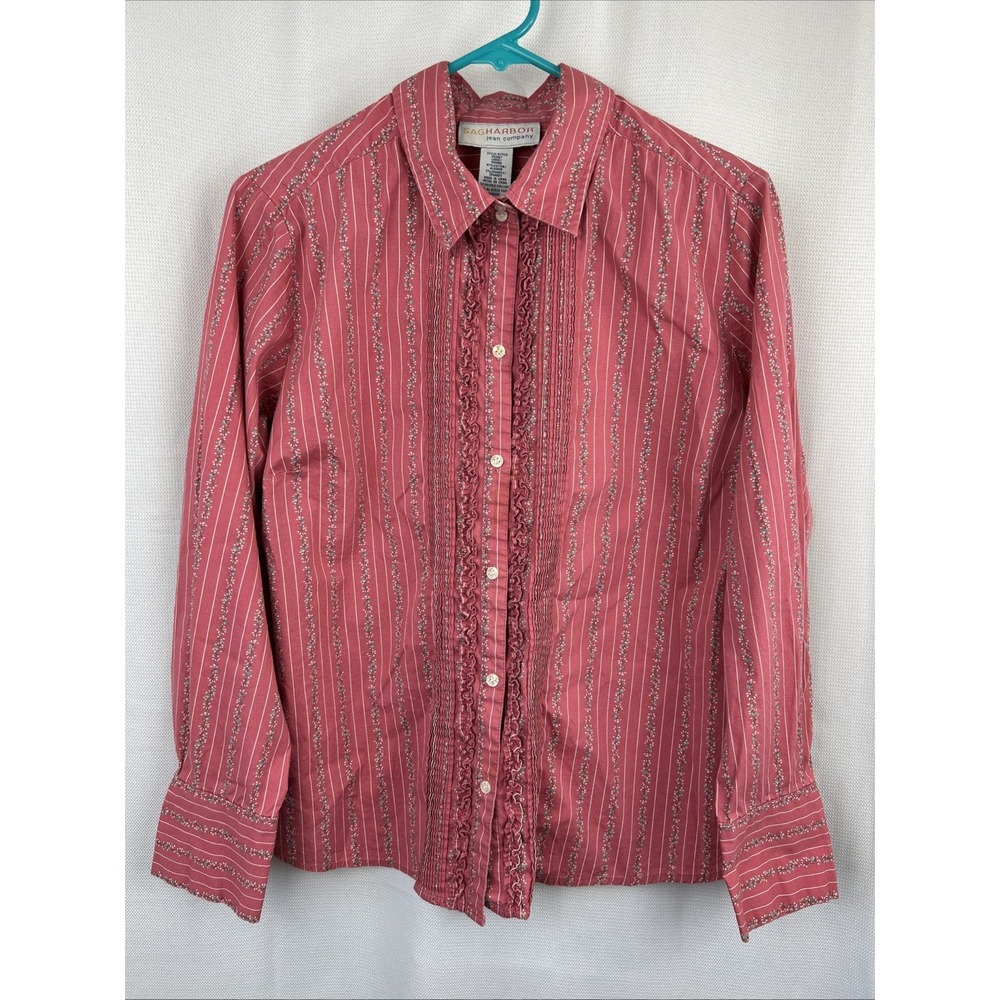 Vtg Dusty Rose Button Up Western Victorian Chic Pinstripe Floral Collared Ruffle